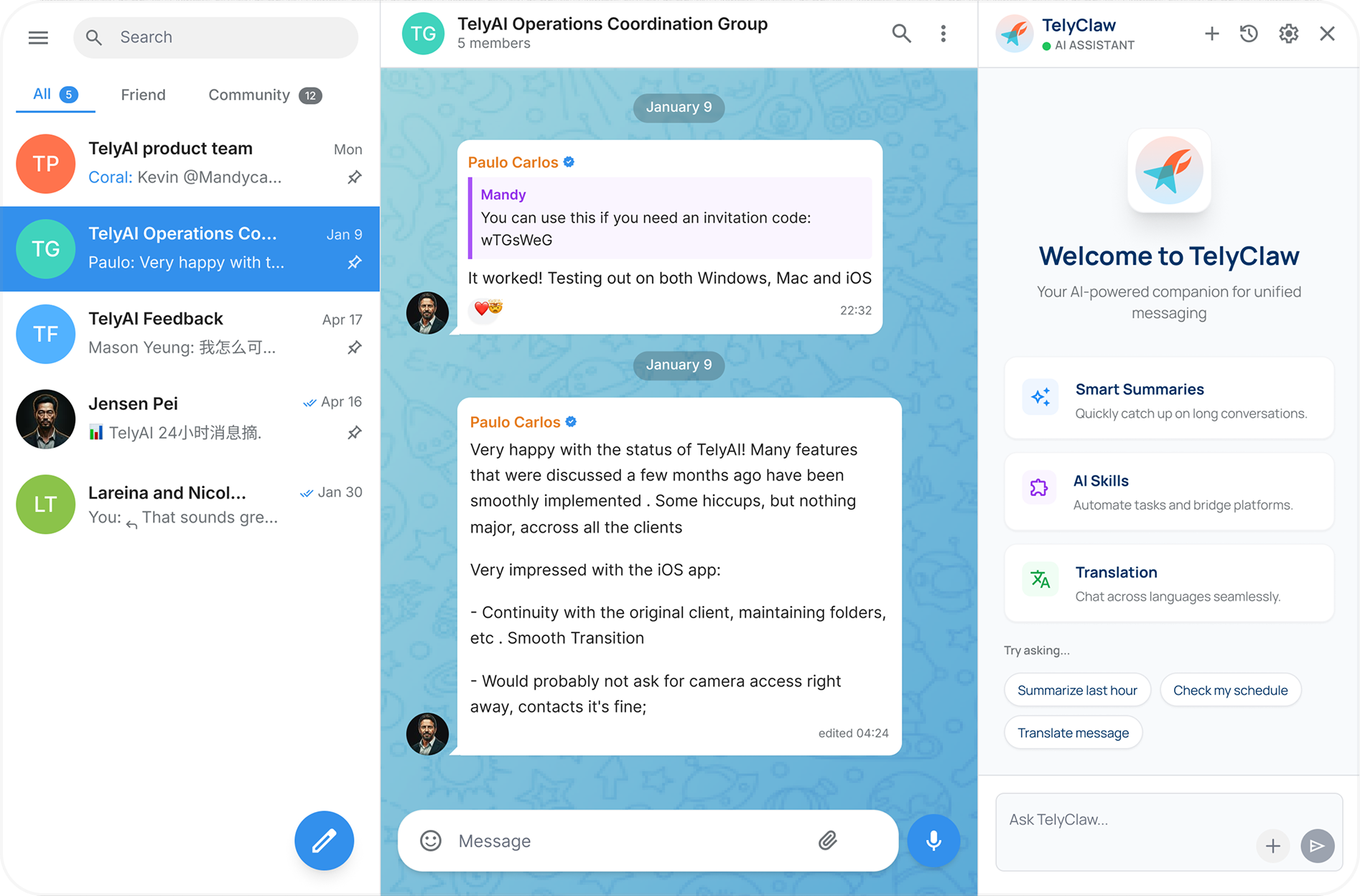 TelyClaw AI-powered Telegram client product screenshot